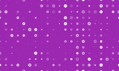 Seamless background pattern of evenly spaced white gear symbols of different sizes and opacity. Vector illustration on purple background with stars