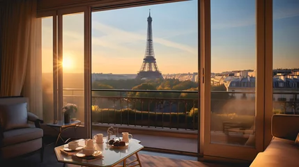 Rolgordijnen Un appartement à Paris avec une vue sur la Tour Eiffel.  © Gautierbzh