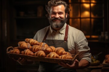 Fototapeta premium handsome baker holding a tray of freshly backed croissants