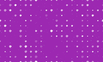 Seamless background pattern of evenly spaced white lotus flowers of different sizes and opacity. Vector illustration on purple background with stars