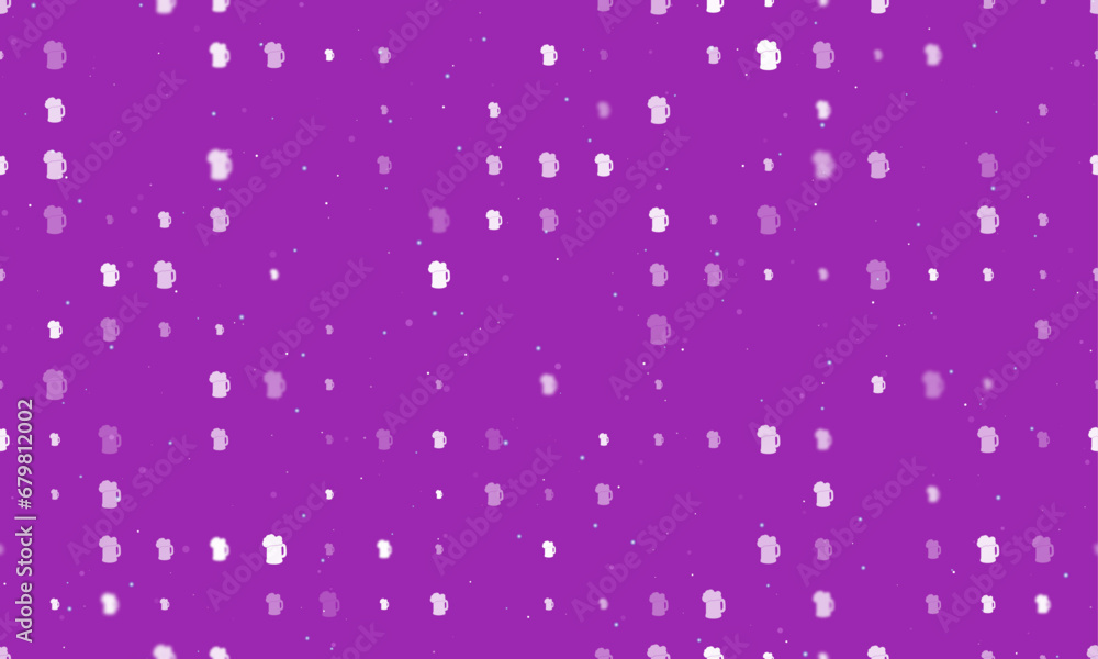 Poster seamless background pattern of evenly spaced white mug beer symbols of different sizes and opacity. 