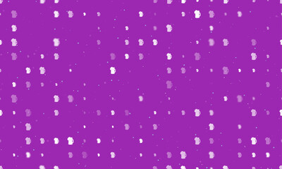 Seamless background pattern of evenly spaced white mug beer symbols of different sizes and opacity. Vector illustration on purple background with stars