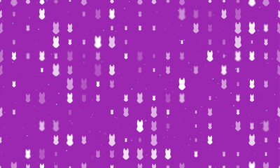 Seamless background pattern of evenly spaced white one-piece swimsuit symbols of different sizes and opacity. Vector illustration on purple background with stars