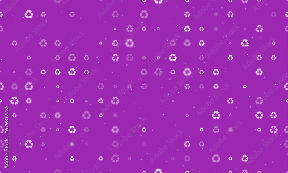 Poster seamless background pattern of evenly spaced white recycling symbols of different sizes and opacity.