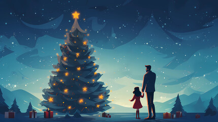 Obraz premium Father and daughter decorate a Christmas tree - Generated by Generative AI