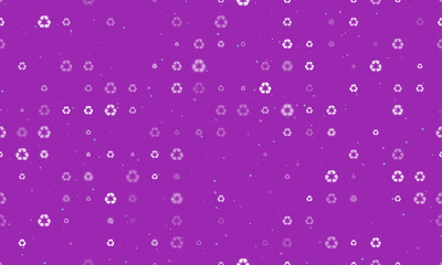Seamless background pattern of evenly spaced white recycling symbols of different sizes and opacity. Vector illustration on purple background with stars