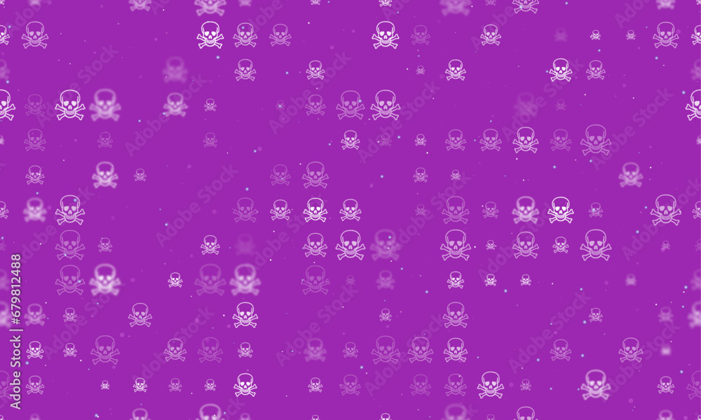Poster seamless background pattern of evenly spaced white skulls of different sizes and opacity. vector ill