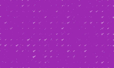 Seamless background pattern of evenly spaced white scissors symbols of different sizes and opacity. Vector illustration on purple background with stars