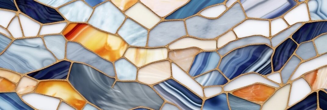 Abstract art deco background, wallpaper, minimalist geometric pattern, modern mosaic inlay, texture of bright multicolored marble agate and gold, stone, marbled tile, minimal. Generative AI, AI