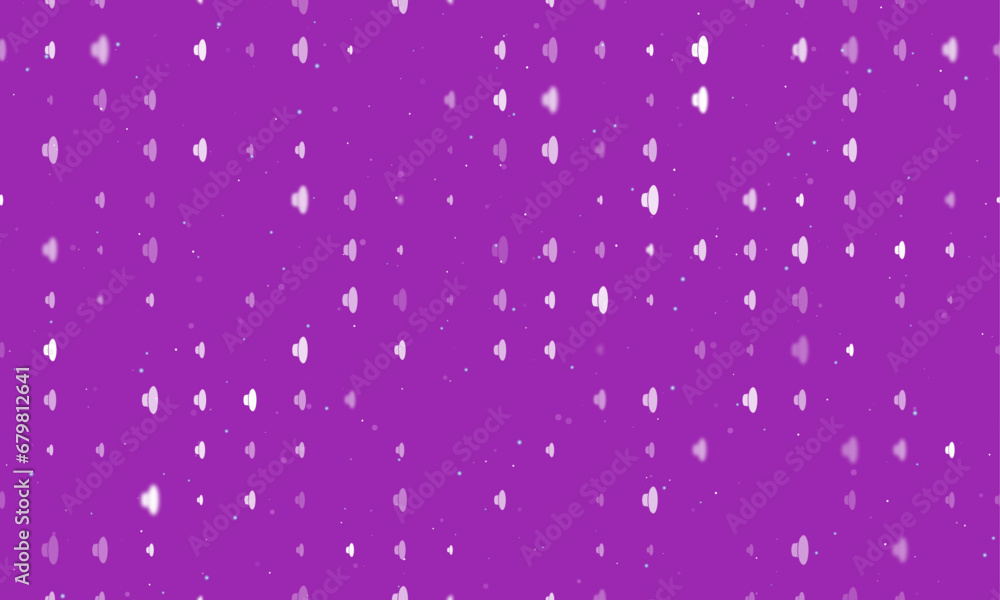 Poster seamless background pattern of evenly spaced white speaker symbols of different sizes and opacity. v