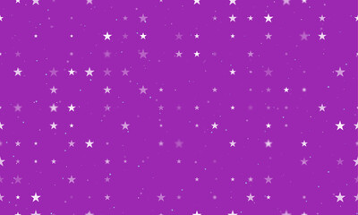 Seamless background pattern of evenly spaced white star symbols of different sizes and opacity. Vector illustration on purple background with stars