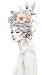 Watercolor Beautiful Woman Queen With Gothic Crown on head, Long Hair Decorated By Flowers.