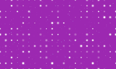 Seamless background pattern of evenly spaced white suns of different sizes and opacity. Vector illustration on purple background with stars