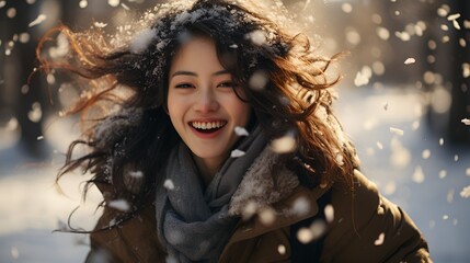 Young Asian girl having fun in the cold snowy during Christmas.
