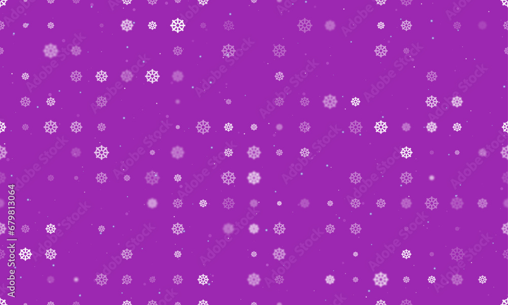 Poster seamless background pattern of evenly spaced white wheel symbols of different sizes and opacity. vec