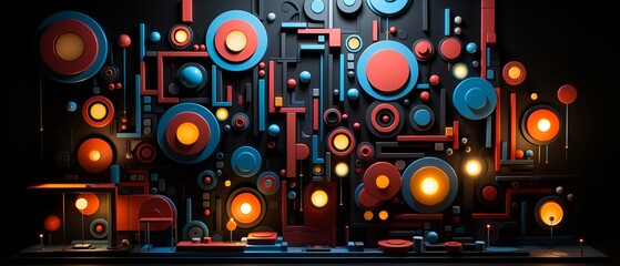 Composition of multiple neon shapes on black background.