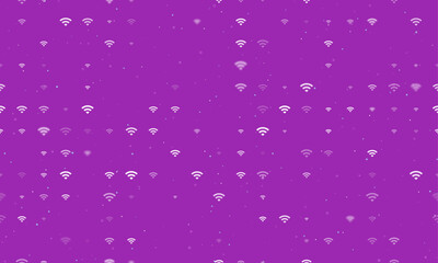 Seamless background pattern of evenly spaced white wifi symbols of different sizes and opacity. Vector illustration on purple background with stars