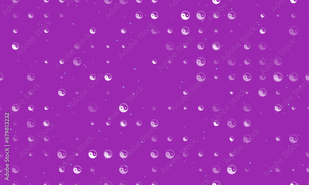 Poster seamless background pattern of evenly spaced white yin yang symbols of different sizes and opacity. 