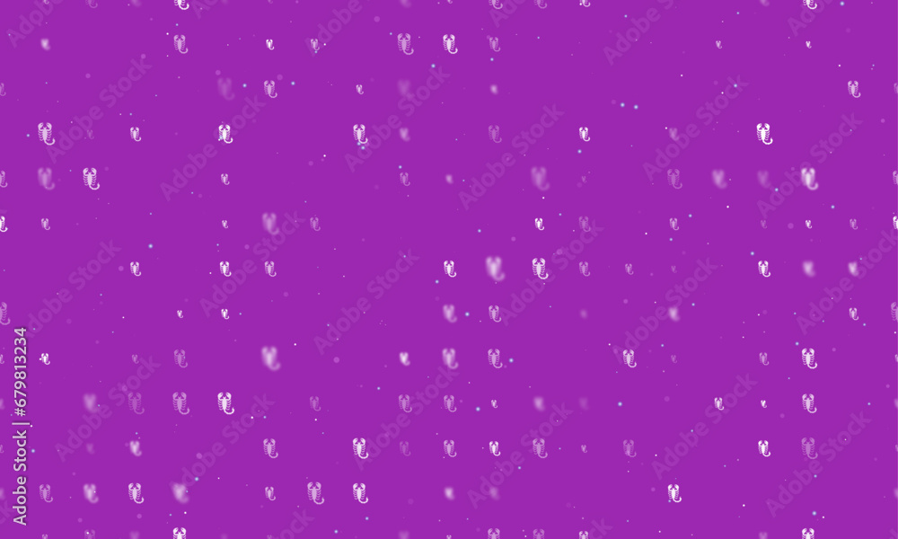 Poster seamless background pattern of evenly spaced white scorpio symbols of different sizes and opacity. v