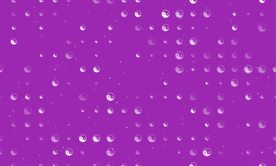 Seamless background pattern of evenly spaced white yin yang symbols of different sizes and opacity. Vector illustration on purple background with stars