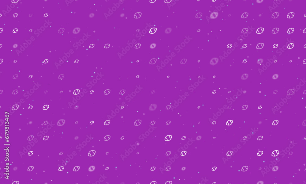 Poster seamless background pattern of evenly spaced white rugby symbols of different sizes and opacity. vec