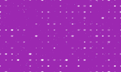 Seamless background pattern of evenly spaced white square academic cap symbols of different sizes and opacity. Vector illustration on purple background with stars