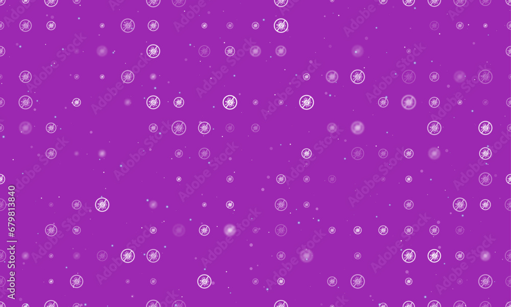 Poster seamless background pattern of evenly spaced white stop coronavirus symbols of different sizes and o