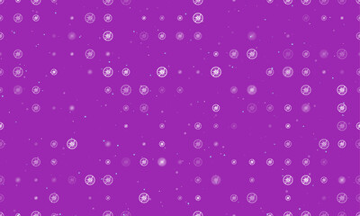 Seamless background pattern of evenly spaced white stop coronavirus symbols of different sizes and opacity. Vector illustration on purple background with stars