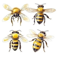 set yellow bee of watercolors on white background