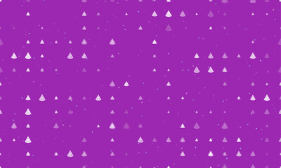 Seamless background pattern of evenly spaced white slice of pizzas of different sizes and opacity. Vector illustration on purple background with stars