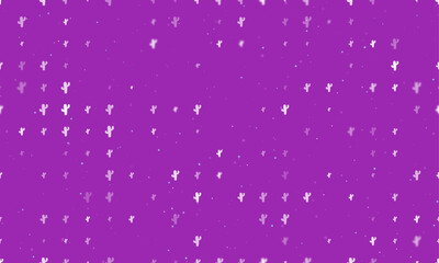 Seamless background pattern of evenly spaced white cactus symbols of different sizes and opacity. Vector illustration on purple background with stars