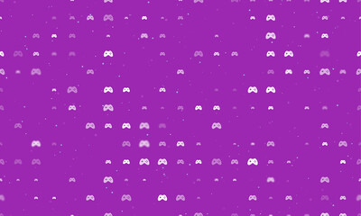 Seamless background pattern of evenly spaced white joystick symbols of different sizes and opacity. Vector illustration on purple background with stars