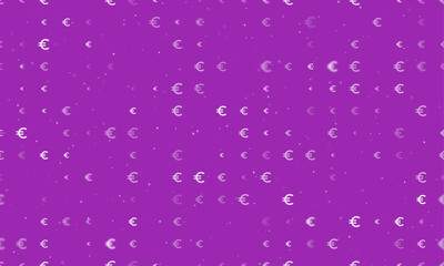 Seamless background pattern of evenly spaced white euro symbols of different sizes and opacity. Vector illustration on purple background with stars