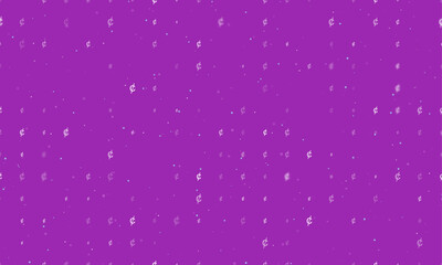 Seamless background pattern of evenly spaced white cent symbols of different sizes and opacity. Vector illustration on purple background with stars