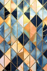 Abstract art deco background, wallpaper, minimalist geometric pattern, modern mosaic inlay, texture of bright multicolored marble agate and gold, stone, marbled tile, minimal. Generative AI, AI