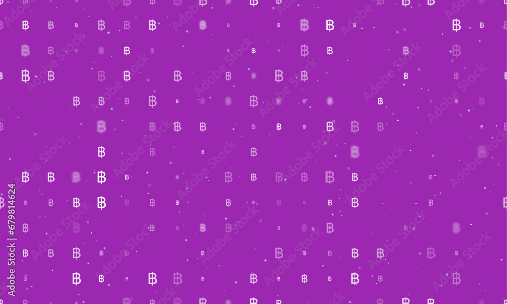 Poster seamless background pattern of evenly spaced white thai baht symbols of different sizes and opacity.