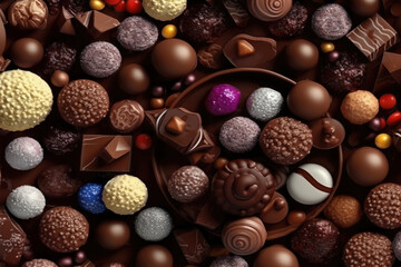 variety chocolate pralines.mix of chocolate candies.Background