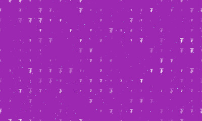 Seamless background pattern of evenly spaced white tugrik symbols of different sizes and opacity. Vector illustration on purple background with stars