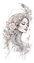 Watercolor Beautiful Woman Queen With Gothic Crown on head, Long Hair Decorated By Flowers.