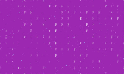 Seamless background pattern of evenly spaced white franc symbols of different sizes and opacity. Vector illustration on purple background with stars