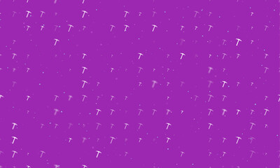 Seamless background pattern of evenly spaced white pickaxe symbols of different sizes and opacity. Vector illustration on purple background with stars