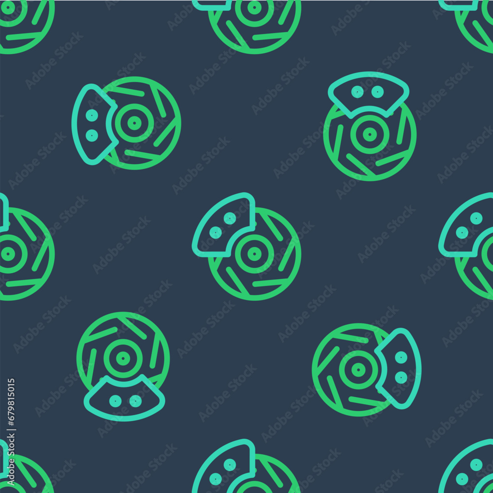 Poster line car brake disk with caliper icon isolated seamless pattern on blue background. vector