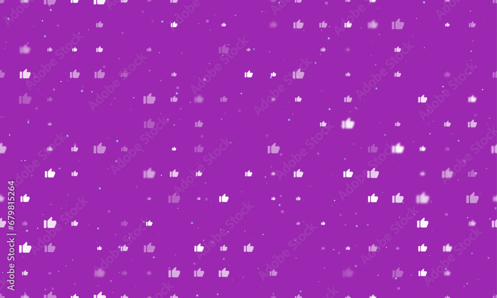 Poster seamless background pattern of evenly spaced white thumb up symbols of different sizes and opacity. 