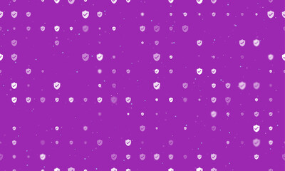 Seamless background pattern of evenly spaced white protection mark symbols of different sizes and opacity. Vector illustration on purple background with stars