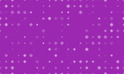 Seamless background pattern of evenly spaced white crosshair symbols of different sizes and opacity. Vector illustration on purple background with stars