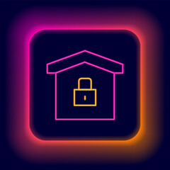 Glowing neon line House under protection icon isolated on black background. Home and lock. Protection, safety, security, protect, defense concept. Colorful outline concept. Vector