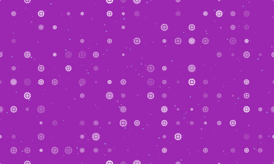 Seamless background pattern of evenly spaced white chip symbols of different sizes and opacity. Vector illustration on purple background with stars