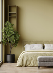 Fancy green and khaki bedroom of a hotel room or home with a big rich cozy bed. Olive greenish bedding and paint mockup wall. Empty light background for art or wallpaper, picture. 3d render 