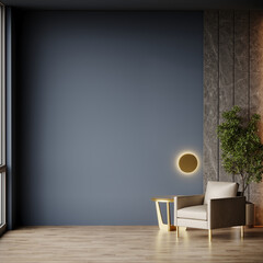 Deep dark livingroom with blue navy empty paint walls and a beige chair. Accent indigo cyan colors. Mockup for art or picture. Modern interior design room - minimalist lounge reception. 3d render