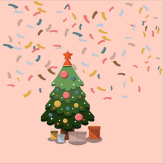 New Year tree with toys, gifts and canfits